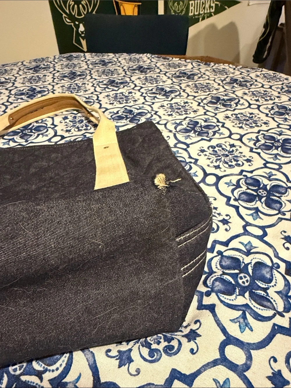 Lands' End Navy Quilted Messenger Tote with Cream Handles